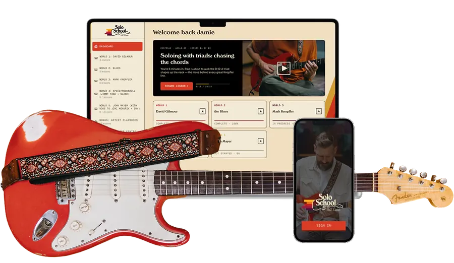Solo School on a laptop and a phone, with a red Stratocaster in front