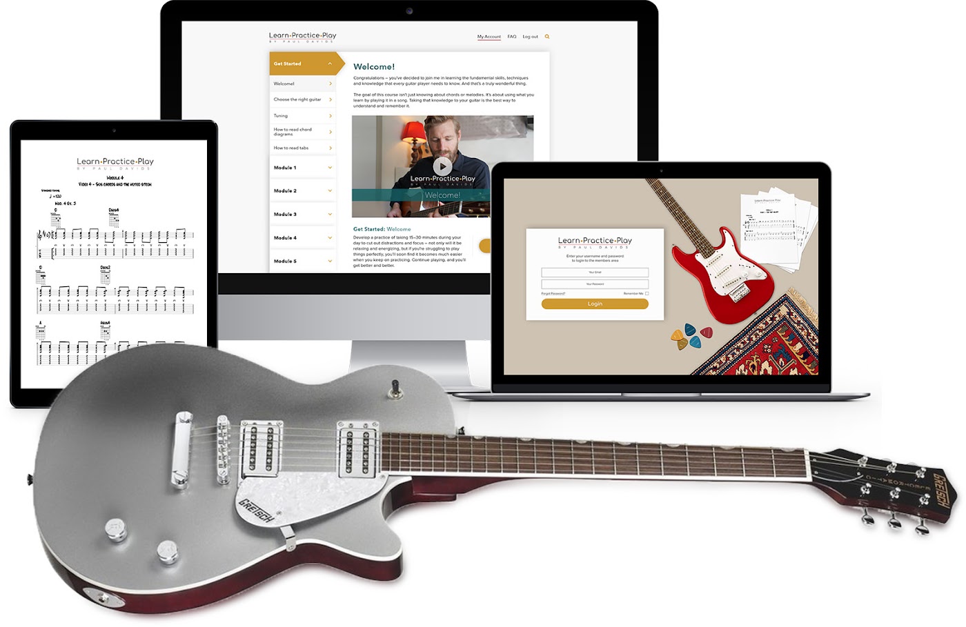Learn, Practice, Play on a desktop, laptop and tablet, with printed tabs and a guitar