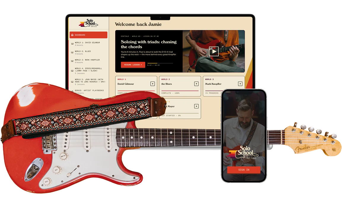 Solo School on a laptop and a phone, with a red Stratocaster in front